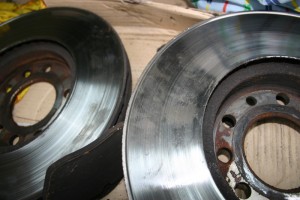 Another view of the disks showing scoring and the wear on both disks